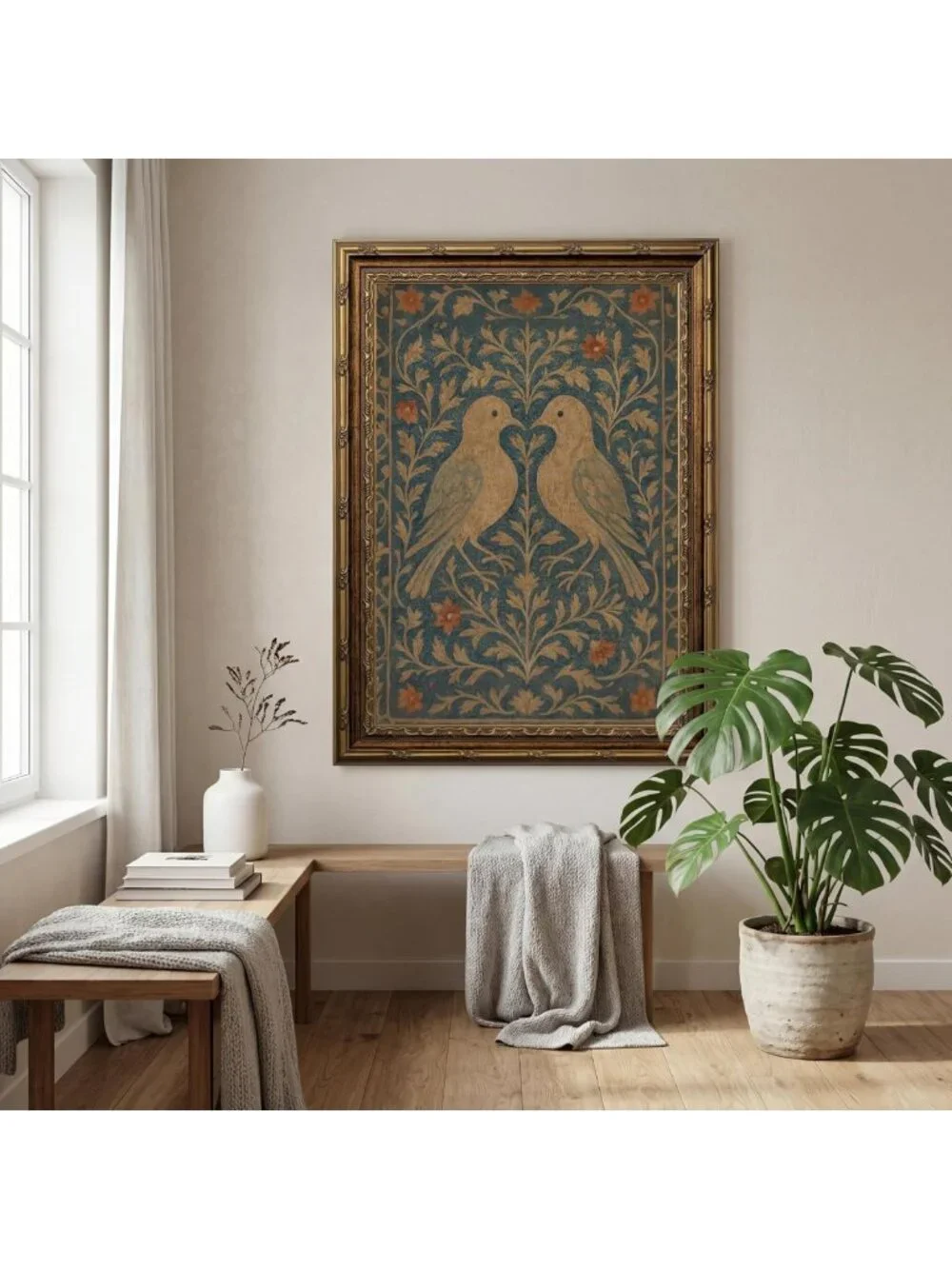 Vintage Lovebirds Wall Art | Folk Floral Bird Canvas Print | Home Decor 8x10